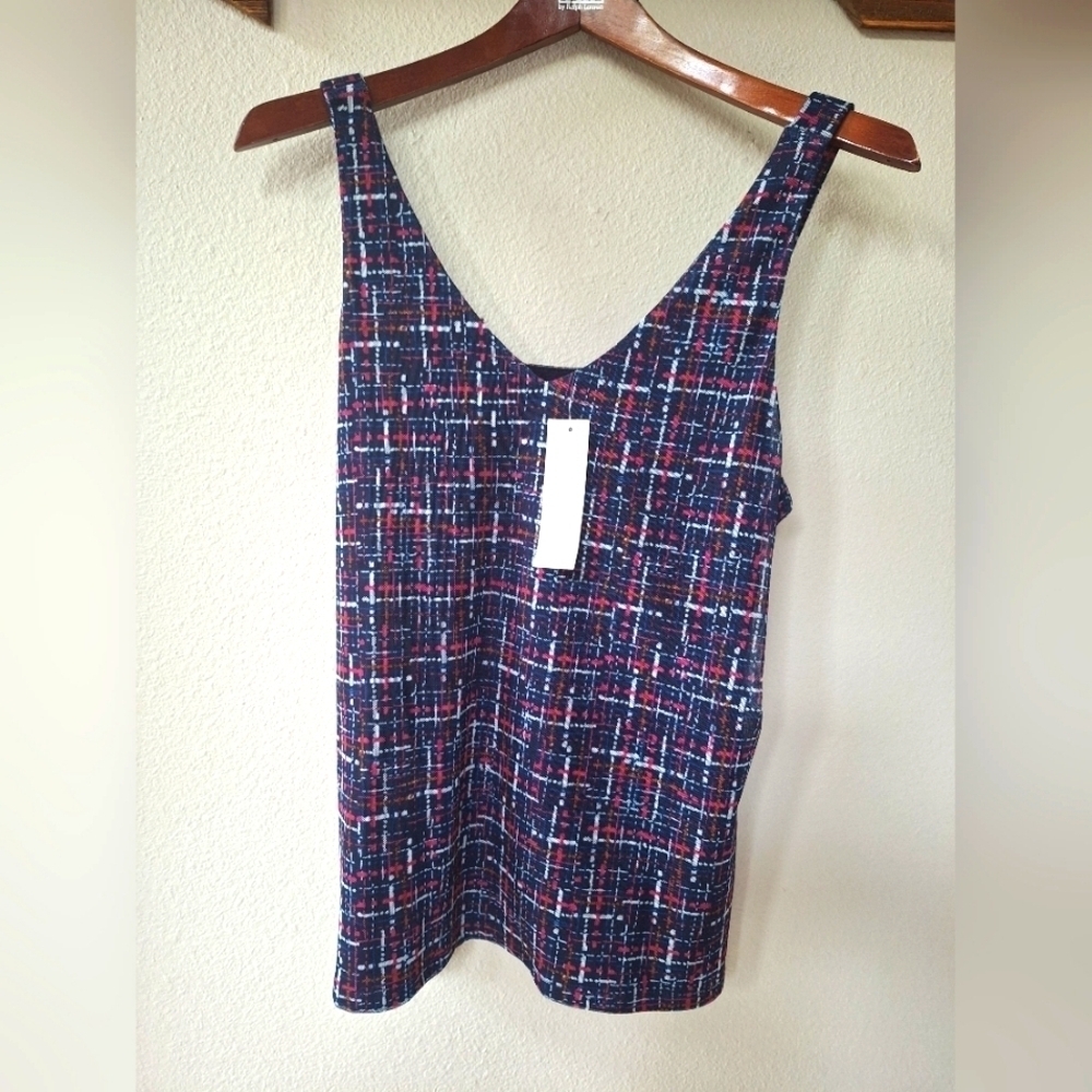 NWT Chicos Mesh Tweed Navy Tank Top Stretchy Lined Lightweight Womens Size M